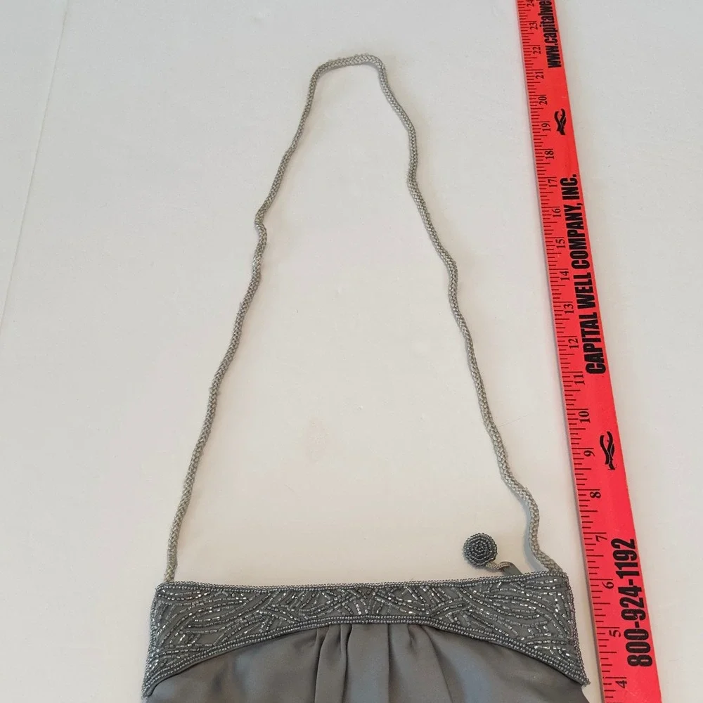 Genie Gray Satin Beaded Evening Bag Shoulder Clutch‎ Braided Strap Korea Vintage